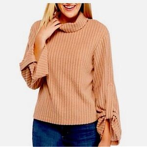 NWT The Limited Rib Hacci Knit Turtleneck Thin Sweater Tab Up Sleeves Camel L